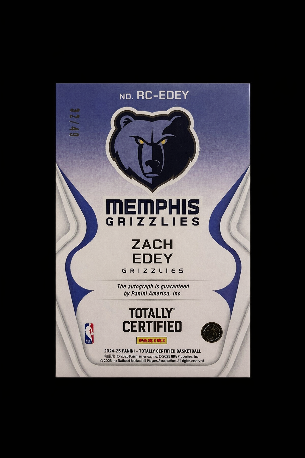 Zach Edey Rookie Roll Call Auto /49 RC Memphis Grizzlies – 2024-25 Panini Totally Certified