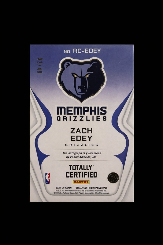 Zach Edey Rookie Roll Call Auto /49 RC Memphis Grizzlies – 2024-25 Panini Totally Certified